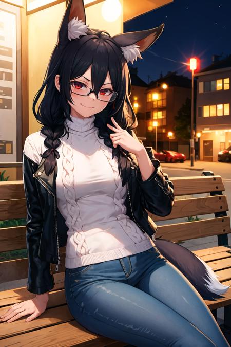 1girl, solo, sidelocks, twinbraids, black hair, red eyes, smug, smirk, glasses, sitting, bench, partk, at night, long hair, white sweater, leather jacket, black jacket, fox girl, fox ears, fox tail, jeans, black tail,thigh strap, skindentation <lora:B-pang-Style-v1.1_275636:1>