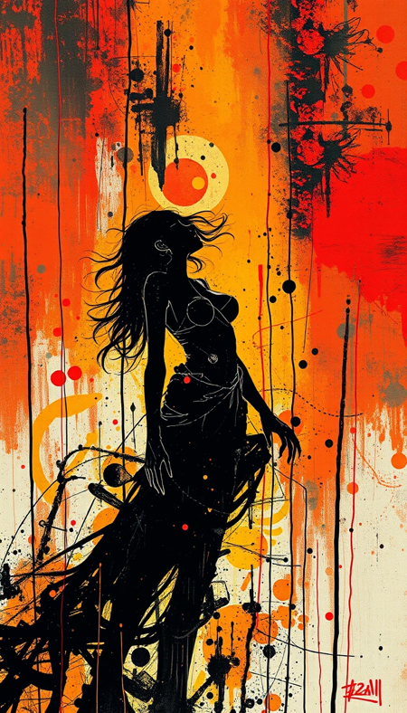 dead stranding art,by Yoji Shinkawa,  futuristic context backgrounds, dark colors, (dutch angle:0.2), neo abstract, explosive brush strokes, vibrant color splashes, gestural marks, emotional intensity, chaotic energy –style raw, silhouette sexy woman,