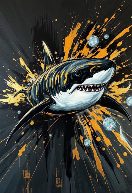 A hyper-stylistic, extremely detailed image depicts a breathtaking painting, crafted from a combination of smeared black and gold metallic paint. A shark is captured in a streaked motion, as if it is moving rapidly in one direction. The black paint is applied in bold, dynamic strokes, creating a sense of energy and movement that is contrasted beautifully by the golden accents. The gold paint is used to highlight the shark's features, adding a sense of depth and dimensionality to the image. The overall effect is one of breathtaking, surreal dynamism, as if the viewer has captured a fleeting moment in time. Every detail of the image is meticulously crafted, from the delicate, swirling patterns of the gold paint to the intricate, textured patterns of the black paint. The contrasts between light and dark, color and texture, create a sense of tension and energy that draws the viewer in, inviting them to explore the kinetic world of the painting. highest-Quality, intricate details, visually stunning, Masterpiece
