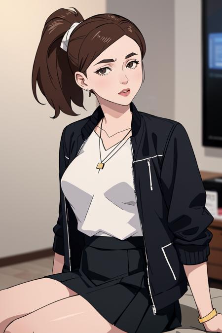 (masterpiece, best quality:1.2), <lora:invincible:.9>, 1girl, jewelry, skirt, solo, brown hair, ponytail, sitting, necklace, looking at viewer, breasts, shirt, white shirt, blurry, indoors, jacket, blurry background