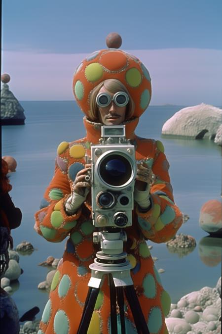 <lora:Director Agnes Varda style:1>Director Agnes Varda style - 35 mm technicolor 1970 documentary still, intricate bizarre, a mystic film crew dressed with strange coat filming, steampunk camera, odd, haute couture, peculiar, upper paleolithic statue, reef, phantasmagoric rock, out of this world, intangible, technicolor, art8 k, film grain