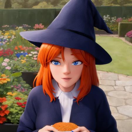 close up of a ginger witch, blue eyes, garden <lora:Spiderverse:0.9>