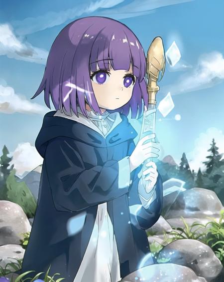 Fern little girl, solo,   blue sky, rocks, forest, kawa, full body,  hood, holding, magic wand
 <lora:friefen_EP01-04_LoHa32-step00030000:1>