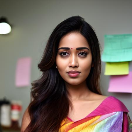 (NivethaPethuraj) , photograph, Vibrant Gloomy Baroque Female Visiting in a Clinic, Layered hair, Pompadour hairstyle, Rainbow Post-it notes Tattoo, tilt shift, film grain, Iphone X, telephoto lens,  <lora:NivethaPethurajSD1.5:1>