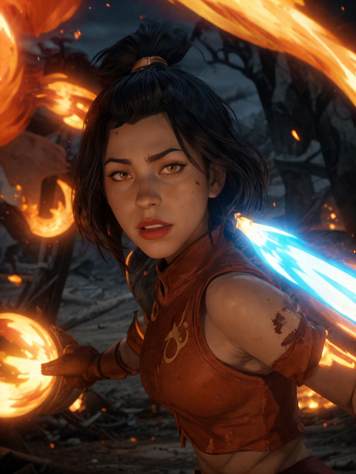 A woman in a red shirt holding a blue sword with fire in the background.