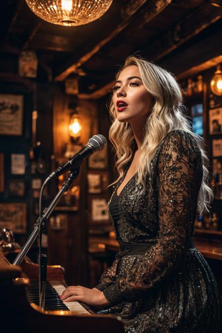 In a cozy pub, a talented female singer - songwriter takes the stage, pouring her heart into heartfelt ballads and captivating the audience with her soulful voice. 8K. RAW image. Captured with a Canon EOS 5D Mark IV. High quality. High resolution image. Fine - art print. Stock photo. HQ. Sharp details. Beautiful. Cinematic lighting. Hyper - maximalist& hyper - detailed. Award - winning photography. Clean sharp focus. Significant textile textures. Crystal clear feel. Magazine photography. Advertising photography. High Quality. HD. Perfect shading,  <lora:add-detail-xl:1>