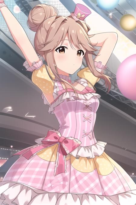 <lora:LegendGirls:0.85>LegendGirls, dress,(mini hat:0.9),yellow dress,purple dress, 
<lora:mirishita-v2.1:0.5>TOMOKA TENKUBASHI,brown hair, brown eyes, hair bun, long hair, single hair bun, sidelocks
masterpiece, best quality,1girl,medium breasts,