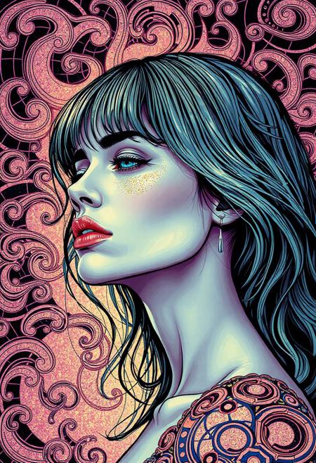 high quality design aesthetics, synth pop, detailed, pop album cover, beautiful young white woman, intricate swirls, patterns