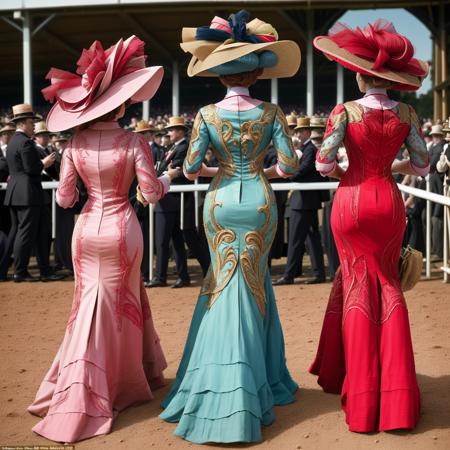 from behind, masterpiece, uhd, sharp color  photo of a beautiful women wearing expensive dresses and hats, at the horse races <lora:1905_dress_v1:1> 1905_dr3ss