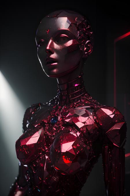 award winning studio photo android woman, close up, broken glass, ruby, (crystal body:1.3), (articulations:1.1), (detailed texture:1.3), furure material, (detailed eyes:1.0), detailed face, sharp focus, hd, dark, hdr, 8k, (reflection:1.1), god rays