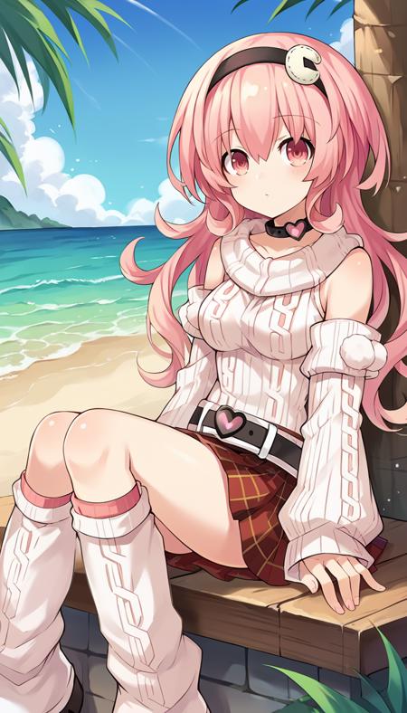 Compa \(neptunia)\, pink hair, pink eyes, long hair, curly hair, bangs,  hairband, heart choker, detached sleeves, bare shoulders, ribbed sweater, sleeves past wrists, plaid skirt, miniskirt, leg warmers, boots, belt,