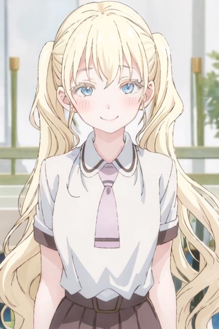 best quality, masterpiece, highres, solo, {olivia_asobiasobase:1.15}, blonde_hair, long_hair, blue_eyes, necktie, indoors, 1girl, chain-link_fence, fence, twintails, looking_at_viewer, colored_eyelashes, outdoors, blurry, blush, gym_uniform, portrait, smile