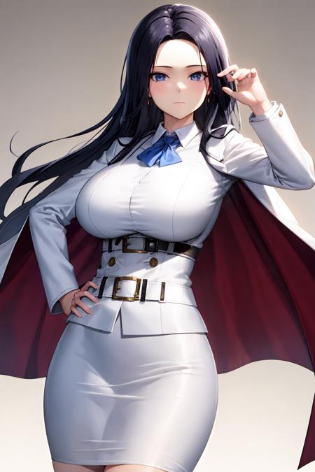 invincibledragon, 1girl, breasts, solo, hand on hip, looking at viewer, skirt, white skirt, large breasts, belt, huge breasts, formal, expressionless, suit, jacket, shirt, long sleeves, white belt, closed mouth, pencil skirt, white jacket, uniform, grey background, gradient background, white shirt, gradient, coat, bangs, skirt suit, simple background, cape, cowboy shot, collared shirt
<lora:invincible dragon 4:1>