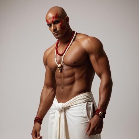 cinematic film still of  <lora:street fighter style xl v1:0.9> realism:1,
Dhalsim In 1990's style a bald character with a skull on his chest, perfect image, perfect body, perfect anatomy, sharp image, detailed image, cinematic style, high quality color style, street fighter style, Dhalsim style, full shot, solo, full body, earrings, barefoot, bracelet, muscular, abs, bandages, transparent background, dark-skinned male, topless male, skull, hoop earrings, skull necklace, red hair, beads, bald, prayer beads, red eyes, ankle wrap, tattoo, facepaint, no pupils, simple background, white background, shallow depth of field, vignette, highly detailed, high budget, bokeh, cinemascope, moody, epic, gorgeous, film grain, grainy