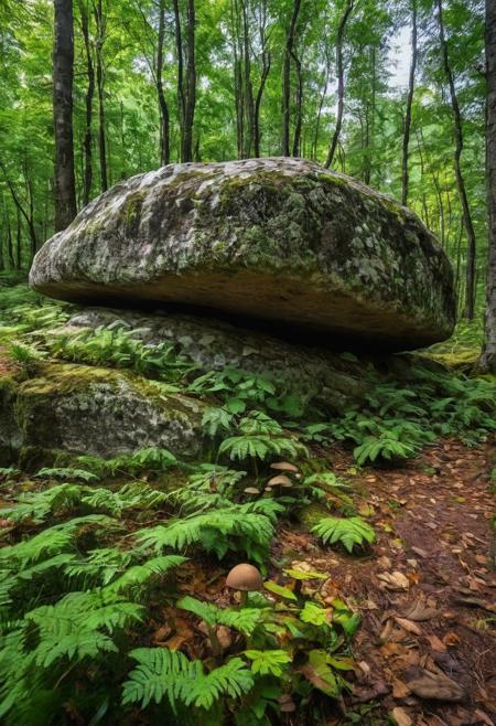 epic view very realistic photography, wide angle, a big rock in the foreground, mushrooms on this big rock, rock covered in green leaves, forest background, full frame sensor sharp and realistic colors with exceptional clarity