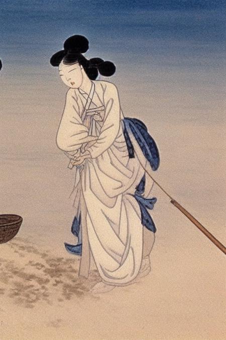 best quality, a woman on the beach, shinyunbok painting