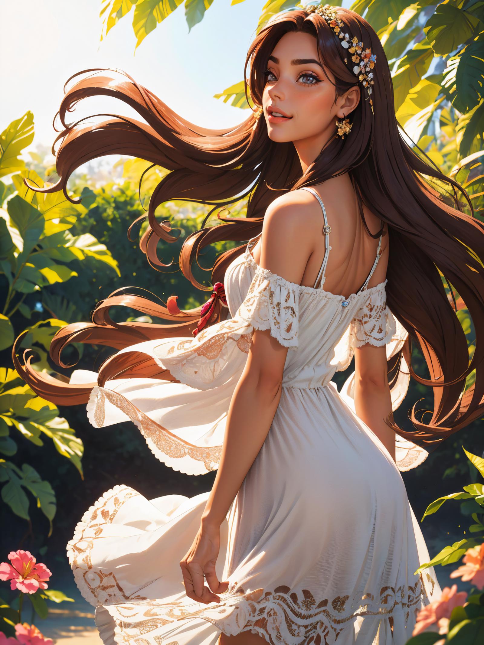A beautiful woman in a white dress posing in a field of flowers.