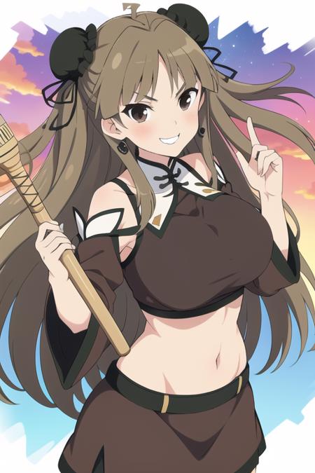 best quality, masterpiece, 1girl, renka \(senran kagura\), senran kagura, long hair, brown hair, twintails, hair ornament, hair bun, double bun, bun cover, brown eyes, breasts, large breasts, huge breasts, collarbone, facing to the side, looking at viewer, sideway glance, pov, smile, grin, v-shaped eyebrows, smug, blush, ribbon, chinese clothes, midriff, navel, skirt, miniskirt, brown skirt, detached sleeves, long sleeves, wide sleeves, bare shoulders, crop top, brown shirt, outdoors, park, sunset, dated, cowboy shot, wielding, drumsticks, holding weapon, simple background,