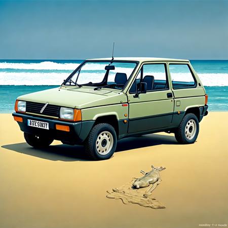 a Fiat Panda on a beautiful beach, extremely detailed, detailed background