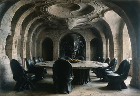 interior of eerie dining room with oval table and chairs around, made of organic fused with stone, in style of H.R.Giger,  <lora:tbh295-sdxl:1>