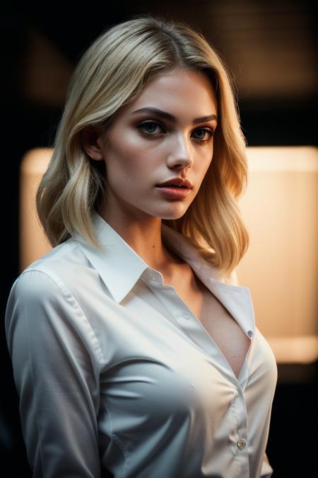 photo of (summrstr0m-135:0.99), a beautiful woman, perfect short blonde hair, (modern photo, Lightsaber Blue button shirt1.1), 85mm, (analog, cinematic, film grain, hazy atmosphere:1.3), ((plain Apricot background, jazz club:1.2)), detailed eyes, (seductive), (epicPhoto), (looking at viewer), jewelry, (cinematic shot:1.3), PA7_Portrait-HL_v2