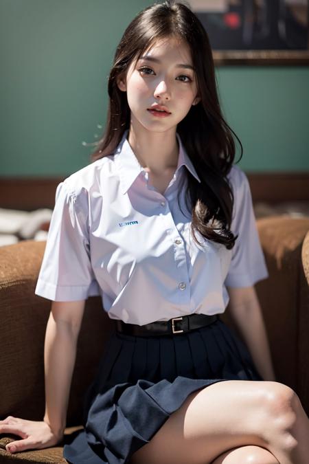 (photorealistic:1.4),Best quality, masterpiece, ultra high res, raw photo,rim  lighting,(cowboy shot),livingroom,movie poster,
1girl,(mathayom uniform),white shirt short sleeves,(black pleated long skirt:1.2),long hair,hair_floating,dramatic scene,sitting on chair
 <lora:mathayom22:0.8>