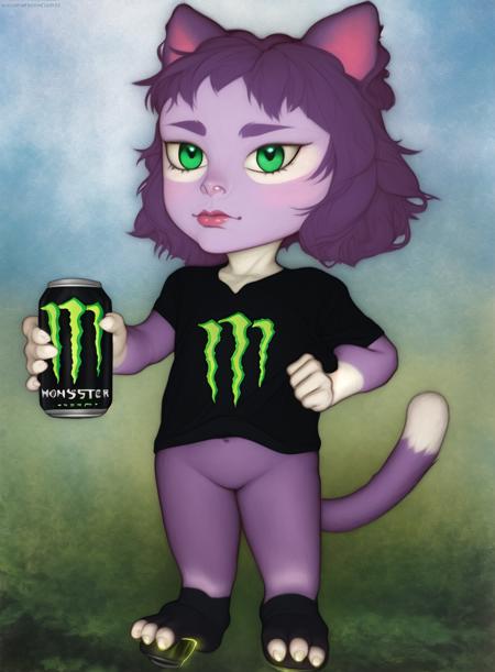 realistic full body photo of a masunya, (purple skin color:1.1),  cat ears, (holding monster energy:1.2),  monster energy, focus monster energy, by Jeremy Lipking, by William Bouguereau, (by Alphonse Mucha:0.5),  <lora:my_LoRA_masunya_v3:0.7>   <lora:my_LoRA_monsterEenergy_v2:0.5>