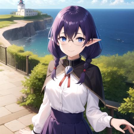 ((masterpiece)),(best quality),official art,extremely detailed CG,unity 8k wallpaper,ultra detailed,A lighthouse on a cliff by the sea,1girl,solo,upper body,looking at viewer,maria (eiyuu kyoushitsu),pointy ears,black capelet,white shirt,long sleeves,juliet sleeves,puffy sleeves,medium breasts,turtleneck shirt,red ribbon,bangs,choker,glasses,twin braids,purple hair,socks,long hair,purple skirt,blue eyes,smile,<lora:Maria(ek)>,