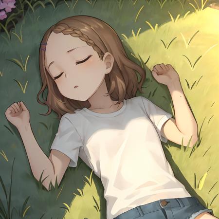 houjou_takagisan,  <lora:houjou_takagisan_v2:0.7> blue shorts, white t-shirt, outdoors,  hairclip, brown_eyes, grass, lying, sleeping, masterpiece, best quality