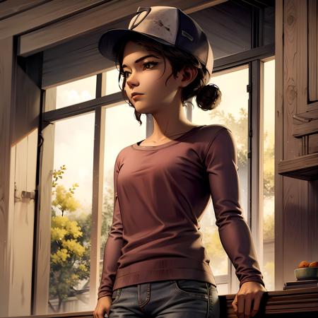 ((masterpiece, best quality)),(complex lighting) , solo,1girl, clementine,  dark skin,  <lora:ClementineWalkingDead1-10:0.8>, baseball cap, jeans, shirt,long sleeves, low double bun, hair bun,