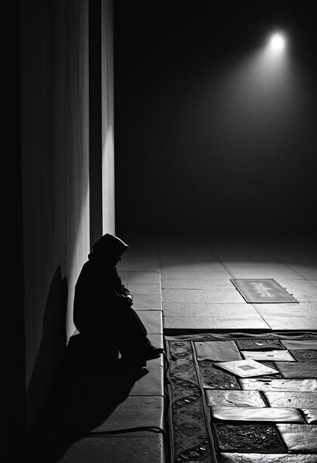 Seeking Peace From Worldly Endeavors,B&W chiaroscuro, stark black-and-white photography, high contrast, dramatic lighting, deep shadows, strong contrasts, film photography, classic aesthetic, grainy texture, Voigtländer Bessa R2M, 35mm film, moody atmosphere, fine art photography, analog depth, cinematic composition