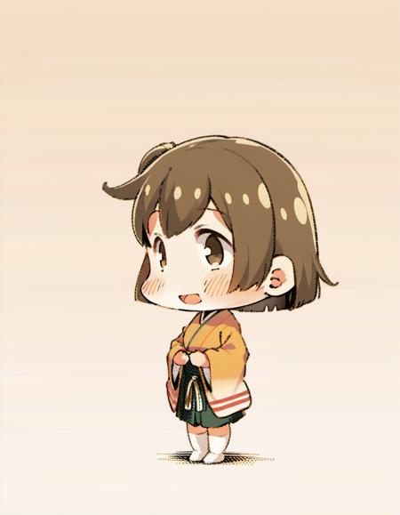 dynamic angle, masterpiece, best quality, photorealistic, chibi illustration cg, solo, looking at viewer, feet out of frame view of 1girl facing viewer over a simple white to gold gradient background, hiryuuchan, (one side up:1.22) brown hair, brown eyes, orange kimono with wide furisode sleeves, cute, pixiv, best lighting, finely detailed eyes, depth of field, Japanese clothing, white socks, japanese geta sandals, <lora:hiryuu_counterfeitxla_1-08:0.9>
BREAK green hakama, hakama short skirt, miniskirt,