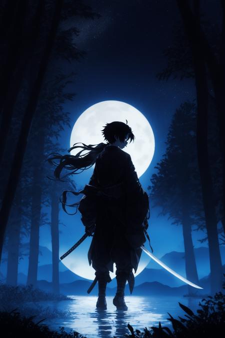 <lora:style shadow-000004:1>,moon, 1boy, weapon, sword, solo, male focus, night, blue theme, full moon, katana, japanese clothes, nature, long hair, tree, standing, night sky, silhouette, holding, sky, holding sword, leaf, sheath, holding weapon, ponytail, outdoors, forest, water, monochrome, star (sky), long sleeves, from behind, moonlight