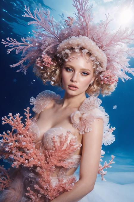 a woman, snow covered ground, under the water, nick knight, covered in coral and barnacles, fashion, crystalline translucent, swirly, crown, sea anemone, [white:blond] hair