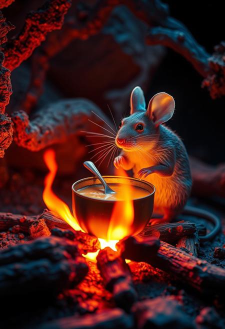 surreal VFX, nano-rat cooking chicken soup on a campfire seen under an electron scanning microscope, with details, vivid colors