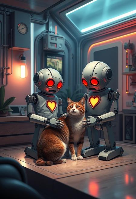 FUTURE HOME, MODERN TECHNOLOGY, CIRCUITS, LIGHT, ELECTRICITY, A FAMILY OF ROBOTS WITH CLOTHES WITH HEARTS PETING A REAL CAT
