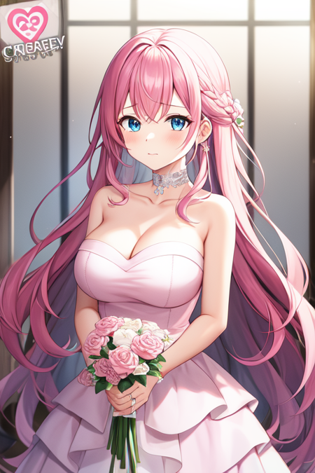 bridal, pink rose, character name, blue eyes, pink hair, choker, large breasts, holding bouquet, pink flower, closed mouth, very long hair