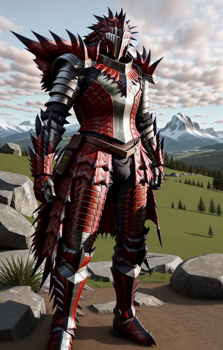 <lora:Rathalos_Armor:0.8>, rathalos armor, man wearing rathalos armor, mountain background, Masterpiece, realistic looking armor, holding a greatsword