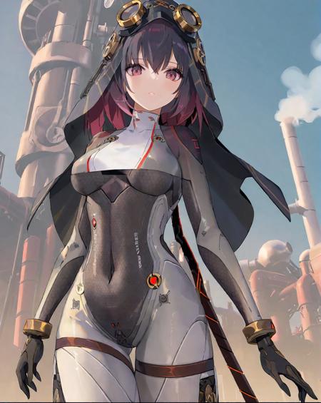 (1girl:1.2),(solo:1.2),masterpiece,best quality,highly detailed,best quality,photo realistic,depth of field,highres,extremely detailed wallpaper,third-party edit,<lora:LyraLoraXL:1>,(serious:1.5),extremely detailed bodysuit,covered navel,red eyes,(steam punk background:1.3),