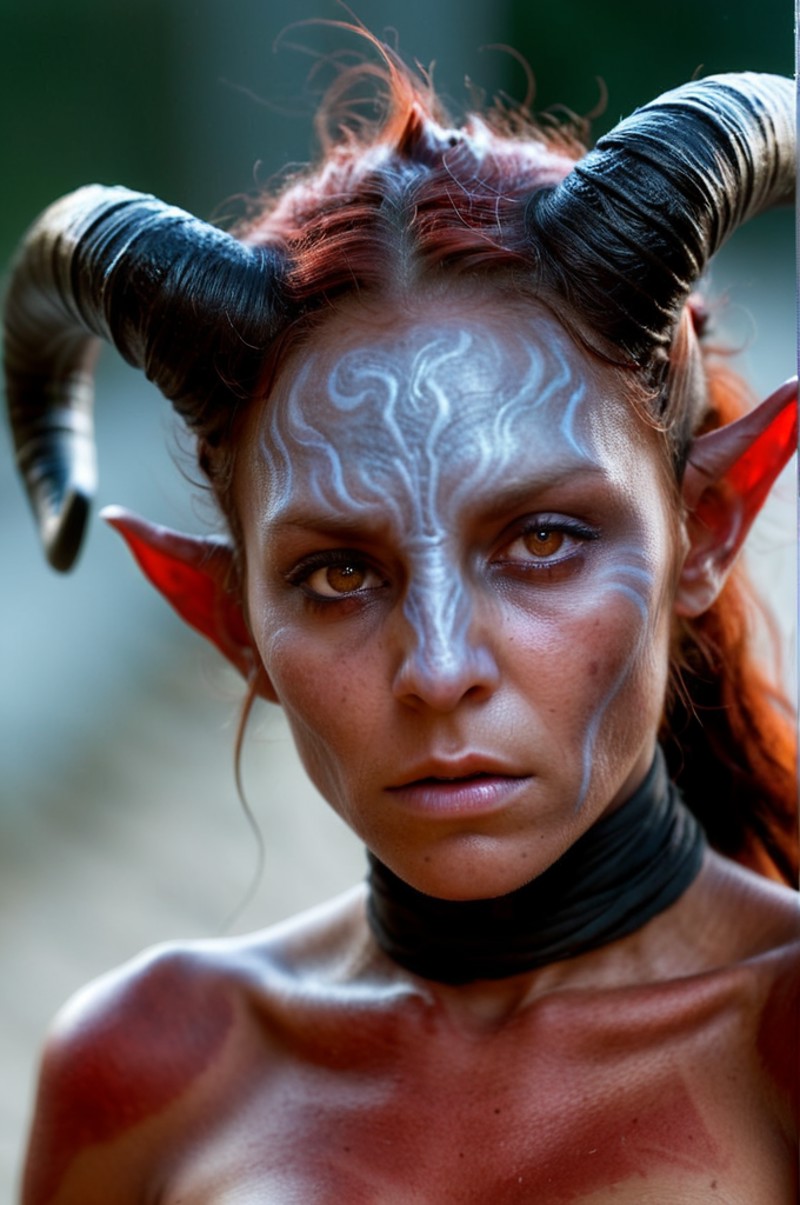 Long exposure photo of a tiefling_demon_woman, 20 years old, closeup, awardwinning, amazing details, best quality, ((red s...