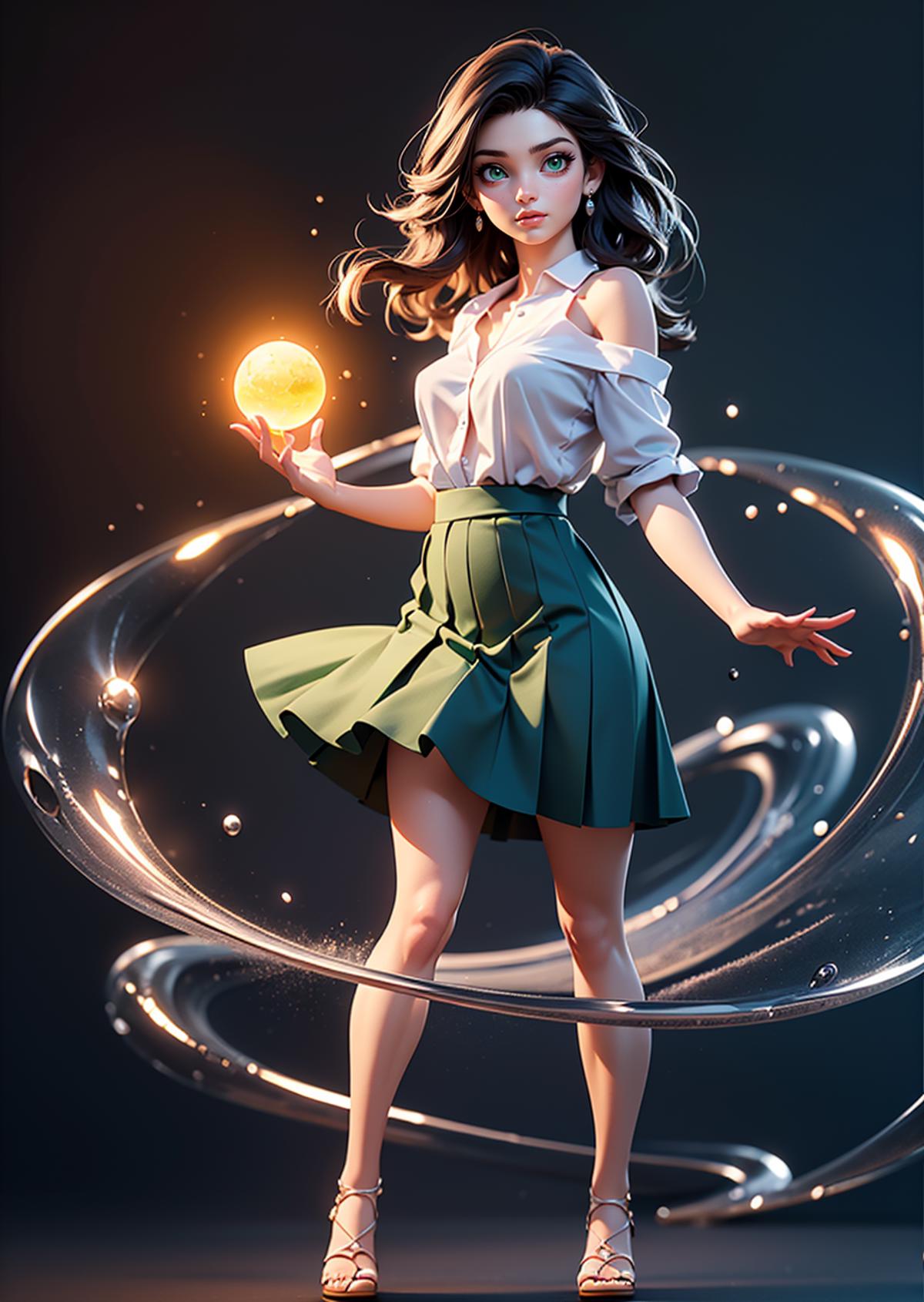 A 3D rendered female figure holds a yellow ball in a green skirt.