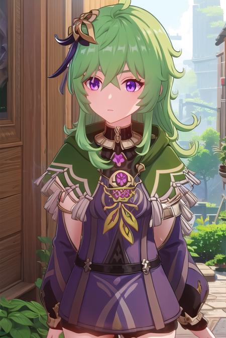 collei, bangs, hair ornament, hair between eyes, (purple eyes:1.1), green hair, thighhighs, long sleeves, jewelry, zettai ryouiki, capelet, vision \(genshin impact\),