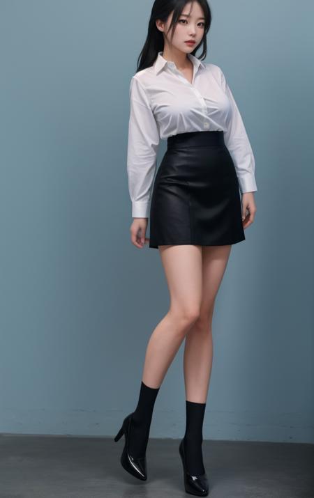 ((masterpiece:1.4,best quality)),1girl,business attire,white_shirt,black short skirt,large breasts,black stockings,full_shot,simple blue background,looking_to_the_side,full body,