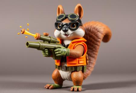 1990s-style action figure toy of an anthropomorphic squirrel dressed as a forest-themed nut defender superhero. The squirrel wears an orange utility vest, forest camo gloves, and goggles, holding a walnut-shell cannon that fires acorn projectiles and confetti nutrient bursts. Stylized accessories mini pumpkin grenades, and a belt of seeds. Bright colors, nostalgic aesthetic, detailed toy design, whimsical and heroic style, bold comic-book shading. Clean background. Frontal view. 4:5 aspect ratio --v 5 --style 90s --ar 4:5