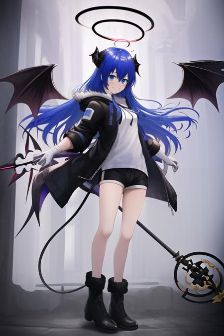 masterpiece, best quality, highres, solo, {mostima_arknights:1.10}, blue_hair, long_hair, halo, horns, blue_eyes, demon_horns, fur_trim, smile, wings, bangs, holding, hood, hair_between_eyes, 1girl, bare_legs, black_footwear, black_jacket, black_shorts, boots, gloves, holding_staff, jacket, long_sleeves, looking_at_viewer, mismatched_gloves, open_clothes, shirt, short_shorts, shorts, staff, tail, white_shirt, asymmetrical_gloves, full_body, open_jacket, white_gloves, demon_tail, standing, detached_wings, hooded_jacket