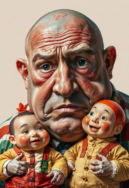 w1z_7r1ppy_d33t5,. extremely detailed and trippy. A fat, ill-looking, middle-aged bald man with blotchy, mottled skin. Unhealthy. Heavily lined face. He is holding two fat children dressed as fast-food restaurant mascots.