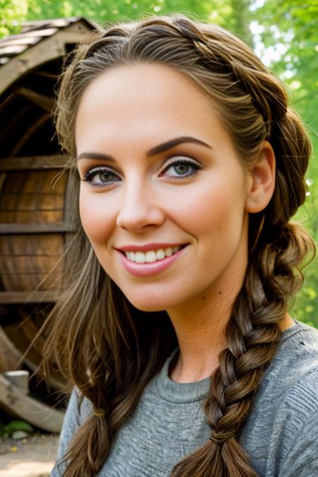 a portrait of beautiful(Wh1tn3y:1.1) woman, as the miller's daughter,exceptionally attractive exuding an alluring and voluptuous physique that radiates warmth and sensuality,braided and lustrous hair cascades gracefully down her shoulders,Long dark eyelashes,captivating allure,blush on her cheeks,plump lips and welcoming smile,with a medieval mill courtyard behind her,a charming and rustic wooden structure nestled in a tranquil forest,wooden mill structure,its waterwheel turns gently,the girl is positioned near the mill courtyard,engrossed in various house chores,tending to the mill's operation,handling sacks of flour,organizing grains scattered around,PA7_Portrait-HL,<lora:Wh1tn3y_01B-000002:1.0>,