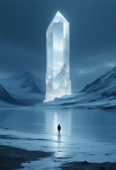 A solitary human figure, small against the immensity of a crystalline monolith piercing a rocky shoreline. Snow-capped mountains loom in the distant, blurred background. Rendered in a minimalist style: shimmering white light delicately illuminates the monolith and figure, contrasting sharply against a midnight black, perfectly flat background. Linear shapes define the composition - the sharp edges of the crystal, the gentle curve of the shoreline, the geometric forms simplifying the mountains. Impressionistic brushstrokes suggest movement in the snow and water, while retaining a sense of serene uniformity. Focus on clear lines, gentle curves, and a reduction of form to emphasize the monolith's otherworldly presence. Cinematic lighting, 8k resolution, photorealistic, ethereal, tranquil, contemplative.