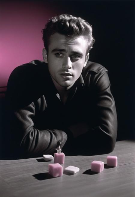 highly detailed and hyper realistic b&w photo of
( James Dean )  (eyes Catch-lights), ,(  black background,) (smoking cigarette) ,,pink soap one table,  shadow falling on eyes, , b&w ,   (lighting: dramatic) , (lighting: high key) shot on Polaroid film, cinematic still frame, film grain, shallow depth of field, textured table, clean table, , crouched, faded colors, vintage, motion blur, , deep shadows, highly detailed and hyper realistic