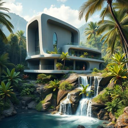 A futuristic concrete modern house on a waterfall inspired from a famous architect, with exotic luxuriant vegetation around, in a tropical jungle setting, photorealistic, a masterpiece, 4K, high details